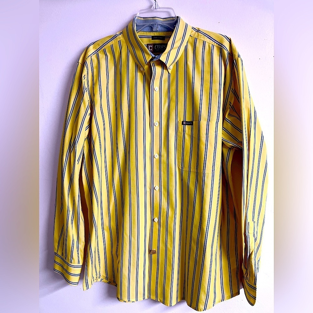 Chaps Easy Care Men’s Long Sleeve Dress Shirt, XL, Yellow/Blue, Striped